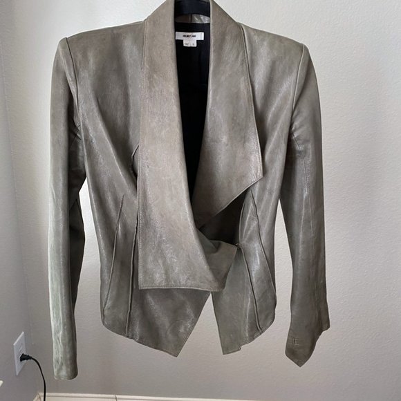 Helmut Lang Leather Moto Jacket Army Green Coat Jacket w/hook  S - Picture 9 of 9